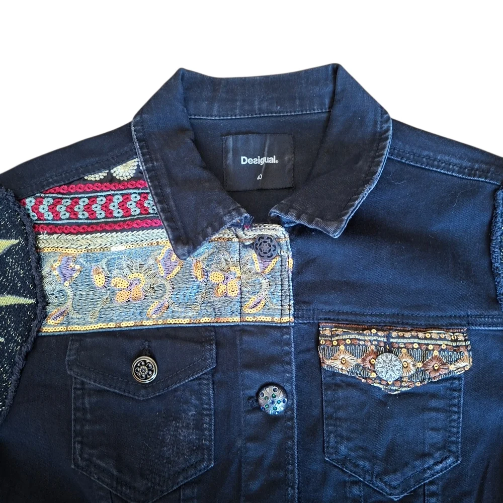 Desigual Jean Jacket With Crochet Knit Overlay Bimaterial Boho Embellished Denim - Picture 6 of 11